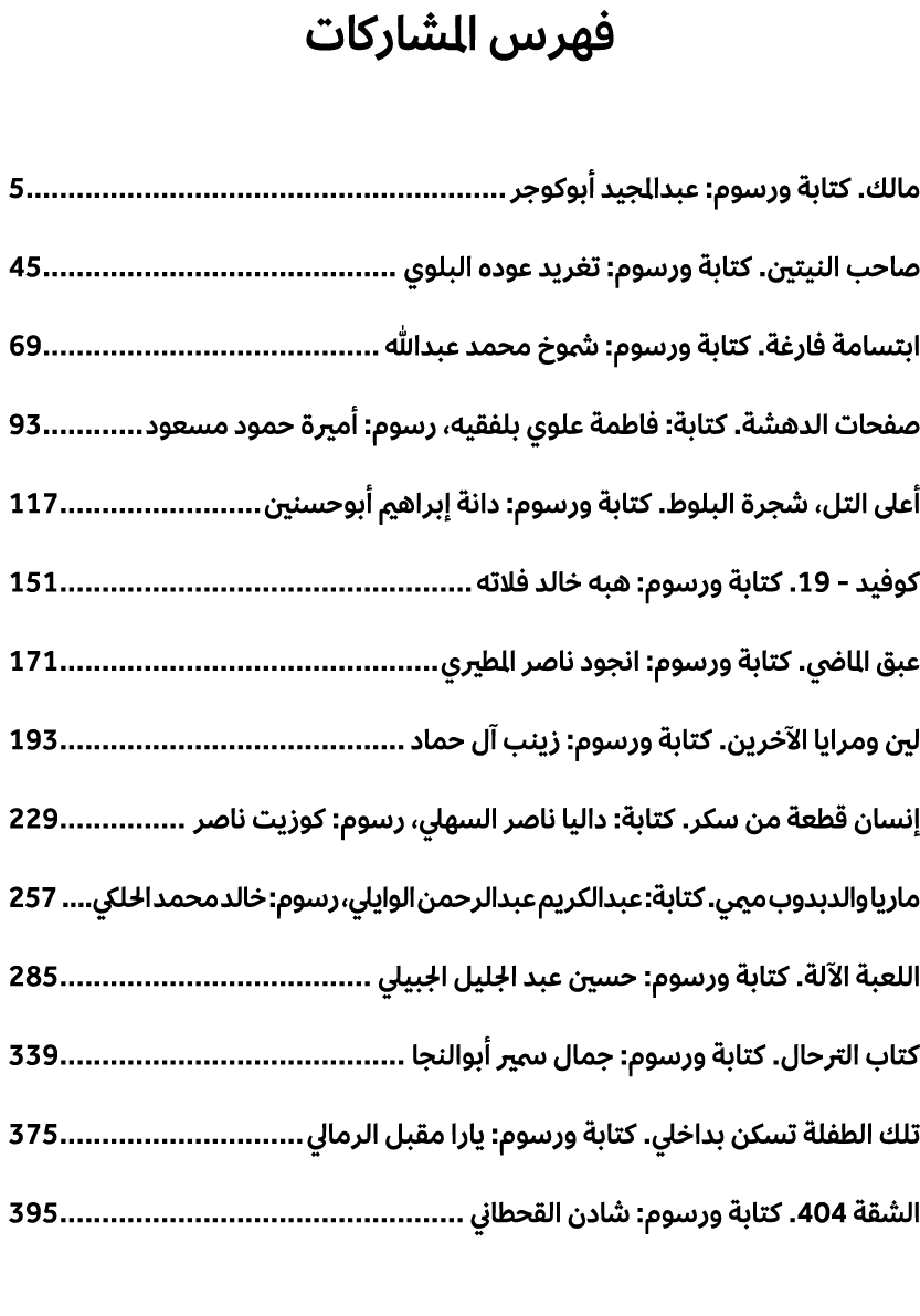 فهرس المشاركات مالك. كتابة ورسوم: عبدالمجيد أبوكوجر 5 صاحب النيتين. كتابة ورسوم: تغريد عوده البلوي 45 ابتسامة فارغة. ...