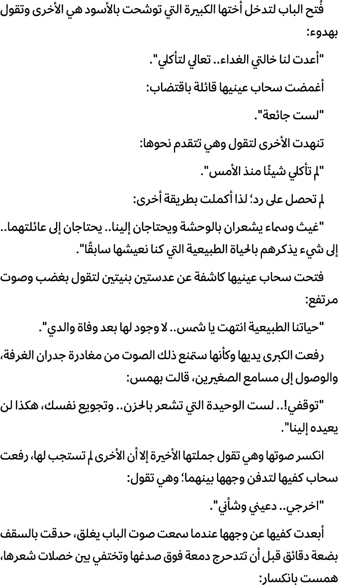 فُتح الباب لتدخل أختها الكبيرة التي توشحت بالأسود هي الأخرى وتقول بهدوء: \“أعدت لنا خالتي الغداء.. تعالي لتأكلي\". أغ...