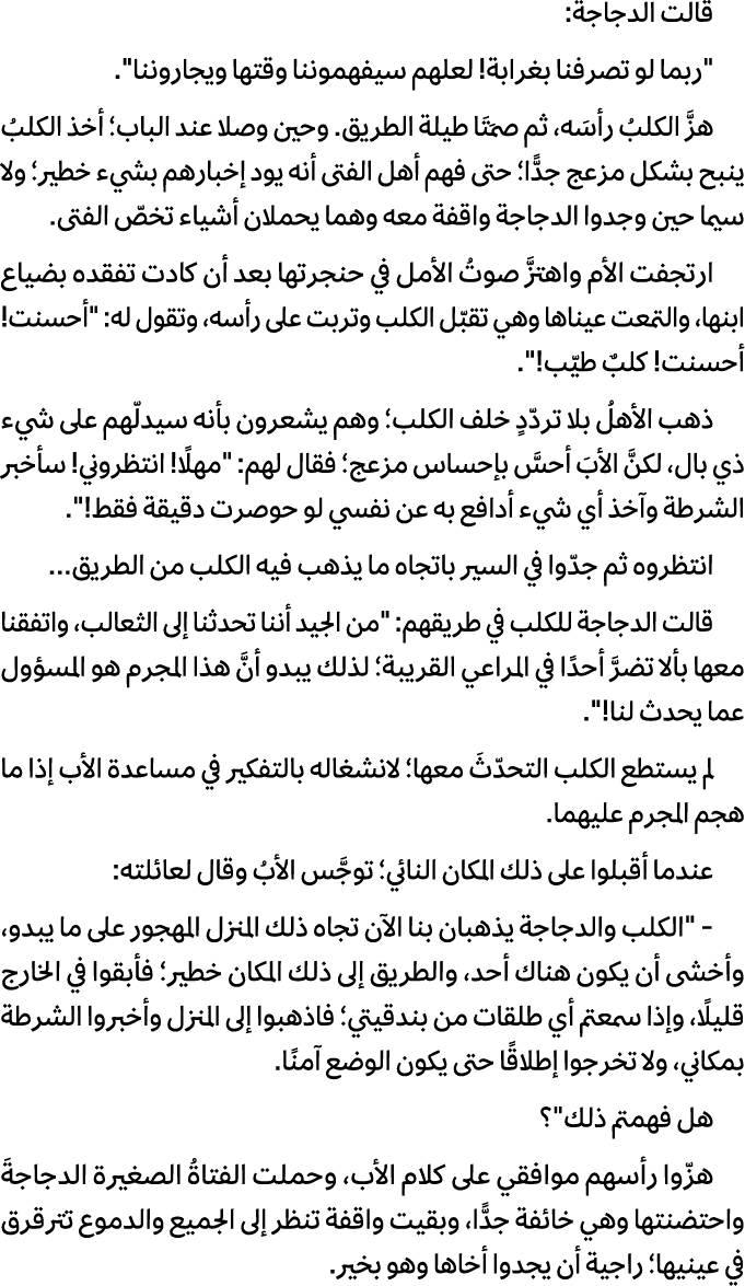 قالت الدجاجة: \“ربما لو تصرفنا بغرابة! لعلهم سيفهموننا وقتها ويجاروننا\". هزَّ الكلبُ رأسَه، ثم صمَتَا طيلة الطريق. و...