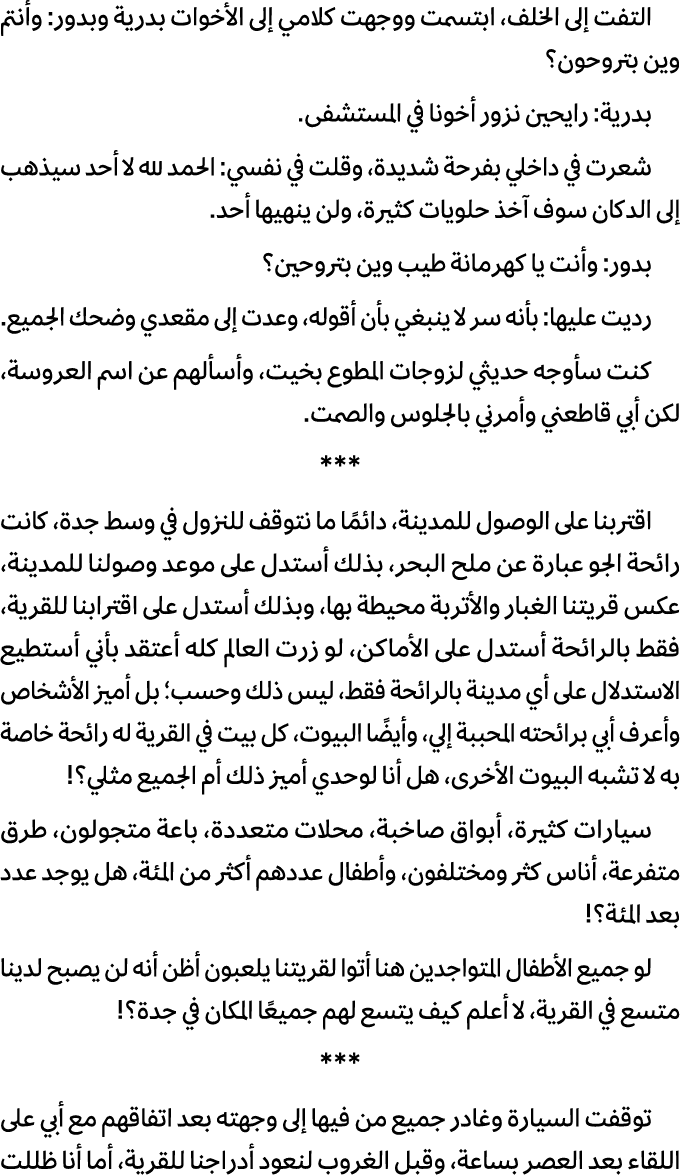التفت إلى الخلف، ابتسمت ووجهت كلامي إلى الأخوات بدرية وبدور: وأنتم وين بتروحون؟ بدرية: رايحين نزور أخونا في المستشفى....