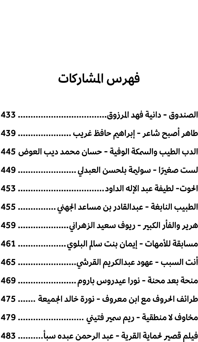 فهرس المشاركات الصندوق دانية فهد المرزوق 433 طاهر أصبح شاعر إبراهيم حافظ غريب 439 الدب الطيب والسمكة الوفية حسان محمد...