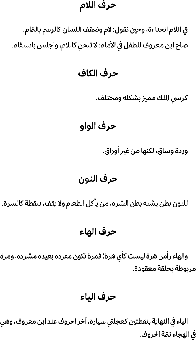 حرف اللام في اللام انحناءة، وحين نقول: لام ونعقف اللسان كالرسم بالتمام. صاح ابن معروف للطفل في الأمام: لا تنحنِ كاللا...