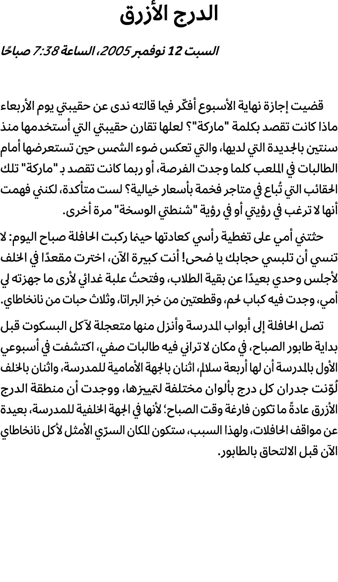 الدرج الأزرق السبت 12 نوفمبر 2005، الساعة 7:38 صباحًا قضيت إجازة نهاية الأسبوع أفكّر فيما قالته ندى عن حقيبتي يوم الأ...