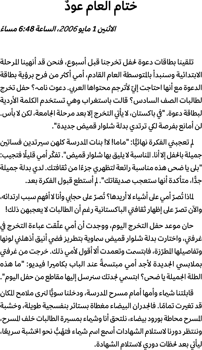 ختام العام عودٌ الاثنين 1 مايو 2006، الساعة 6:48 مساءً تلقينا بطاقات دعوة لحفل تخرجنا قبل أسبوع، فنحن قد أنهينا المرح...