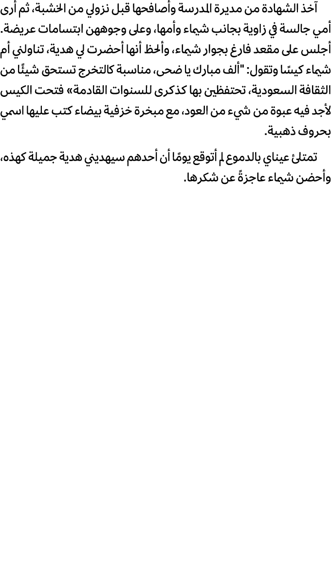 آخذ الشهادة من مديرة المدرسة وأصافحها قبل نزولي من الخشبة، ثم أرى أمي جالسة في زاوية بجانب شيماء وأمها، وعلى وجوههن ا...