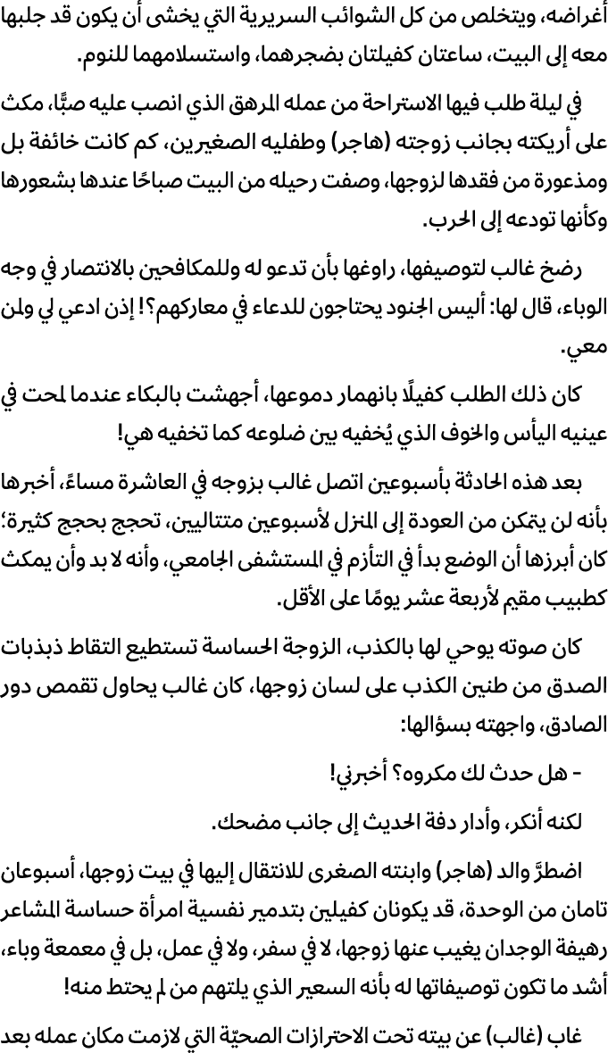 أغراضه، ويتخلص من كل الشوائب السريرية التي يخشى أن يكون قد جلبها معه إلى البيت، ساعتان كفيلتان بضجرهما، واستسلامهما ل...