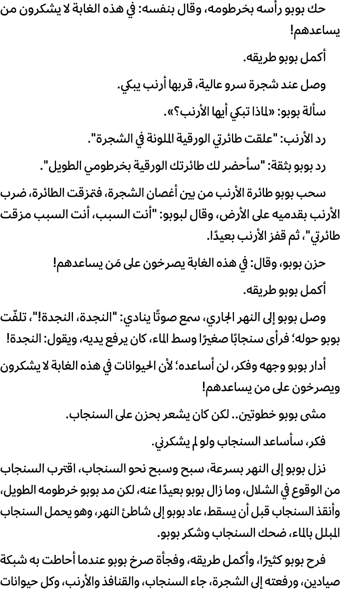 حك بوبو رأسه بخرطومه، وقال بنفسه: في هذه الغابة لا يشكرون من يساعدهم! أكمل بوبو طريقه. وصل عند شجرة سرو عالية، قربها ...